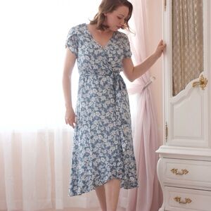 NAIF Floral Wrap Midi Dress in Blue & White